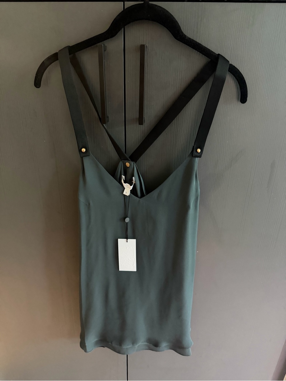 10 Crosby Derek Lam Dark Green Silk V-Neck Camisole with Strappy Back